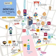 a map showing the locations of shops and restaurants in shinju, east tokyo city