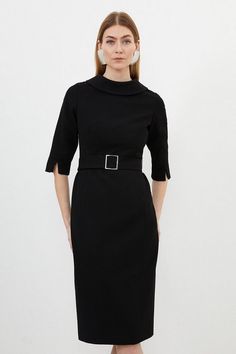 Structured Crepe Turtleneck Pencil Midi Dress | Karen Millen Business Formal Dresses, Elegant Fitted Belted Dress With Short Sleeves, Elegant Fitted Short Sleeve Belted Dress, Chic Short Sleeve Belted Dress For Formal Occasions, Chic Short Sleeve Belted Dress For Formal Events, Fitted Belted Midi Dress For Office, Fitted Midi Dress With Half Sleeve For Work, Classic Short Sleeve Belted Dress, Fitted Half Sleeve Midi Dress For Work