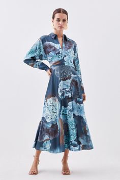 Petite Abstract Floral Draped Satin Woven Midi Dress - Blue - Petite Abstract Floral Draped Satin Woven Midi Dress Satin Floral Dress, Waterfall Dress, Kimono Maxi Dress, Strappy Midi Dress, Strappy Maxi Dress, Column Dress, Maxi Dress Cotton