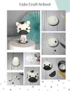 a collage of photos showing how to make a cake with fondant and decorations