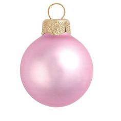 a pink christmas ornament hanging from a gold - plated metal hook on a white background