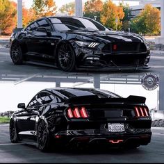 two different views of a black mustang in the parking lot, one is showing it's rear end and the other shows its tail lights