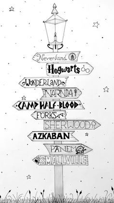 a black and white drawing of a sign post with many different signs on it's side