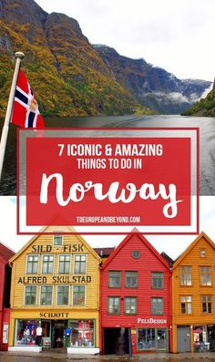 there are many colorful buildings with the words 7 iconic and amazing things to do in norway