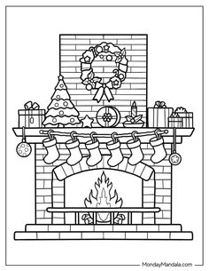 a christmas fireplace with stockings and presents on it, coloring pages for adults to print