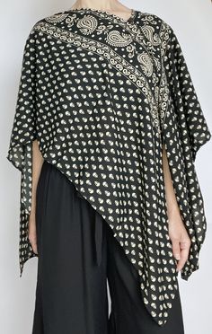 One size, pullover top. Wear as a long kaftan style or turn to the side for an asymmetrical or cropped look. Made from soft poly-blend fabric. Handmade in India. Kaftan Blouse, Kaftan Top, Kimono Blouse, Kaftan Style, Long Kaftan, Designer Party Wear Dresses, Easy Trendy Outfits, Simple Chic, Dressy Tops