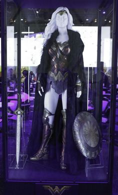 a display case with a costume and armor on it