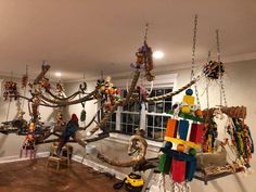 a room filled with lots of toys hanging from the ceiling