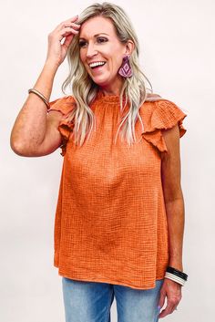 Orange Flutter Sleeve Frilled Neck Textured Blouse Summer Tops With Ruffles And Butterfly Sleeves, Solid Color Flutter Sleeve Tops For Fall, Solid Flutter Sleeve Tops For Fall, Summer Solid Color Tops With Butterfly Sleeves, Fall Flutter Sleeve Solid Tops, Fall Solid Color Tops With Flutter Sleeves, Spring Flutter Sleeve Blouse, Solid Color Flutter Sleeve Tops For Summer, Summer Ruffle Sleeve Blouse