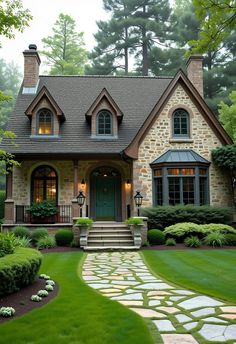 a stone house with green front door and steps leading up to the entryway, surrounded by lush greenery