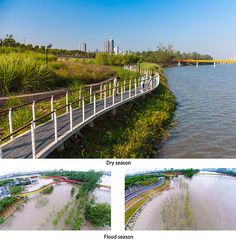 three different views of the same river and its surrounding area, including bridge over water