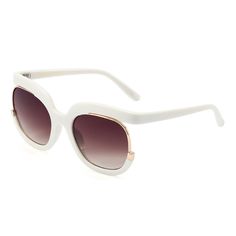 A modern take on a classic style. There's no way around it—these round sunglasses will get noticed. Made with plastic and metal, the frame features a cool metal detail on the sides of the rims. Slip on these round sunglasses, as a chic finish to a simple button-down and jeans combo.Frame Shape: RoundFrame Color: WhiteFrame Material: Mixed MaterialsLens Color: BrownLens Material: PCRim Type: Full RimLens Width: 62 mmBridge Width: 13 mmTemple Length: 120 mmFrame Width: 145 mmLens Height: 54 mmWeight: 37 gPolarized: NoSpring Hinge: YesAdjustable Nose Pads: No Classic Sunglasses With Uv Protection For Spring, Classic Cat Eye Sunglasses With Mirrored Lenses For Spring, Classic Cat Eye Sunglasses With Polarized Lenses For Spring, Trendy Round Frame Sunglasses With Uv Protection, Trendy Cat Eye Sunglasses With Polarized Round Lenses, Spring Classic Cat Eye Sunglasses With Mirrored Lenses, Spring Cat Eye Sunglasses For Day Out, Chic Cat Eye Sunglasses With Mirrored Lenses, Trendy Polarized Round Frame Sunglasses