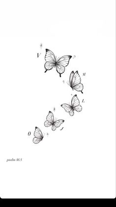 three butterflies flying in the air with numbers on their backs and one is black and white