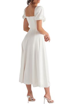 Freshen up your garden-party style in a stretch-poplin midi dress with puff sleeves, corsetry boning and a thigh-baring slit for a sweet, seductive vibe. Exclusive retailer 45 1/2" length Square neck Short sleeves Lined 65% cotton, 32% nylon, 3% elastane Dry clean Imported Puff Sleeve Midi Dress, Midi Sundress, Beautiful Figure, Split Maxi Dress, Graduation Outfit, House Of Cb, Puffed Sleeves Dress, Sleeve Midi Dress, White Midi Dress