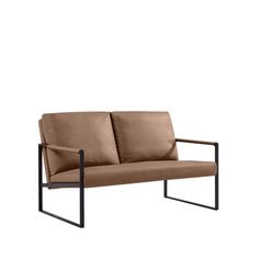 a brown leather couch with metal frame and armrests on an isolated white background