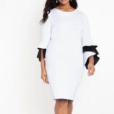 Crewneck Dress. Tailored Bodice. Waist Seam. Column Fit Straight Hip Through Sweep. Unlined. Contrast Double Bonded Dramatic Flare Sleeve. Center Back Invisible Zipper. Soft Double Knit Scuba Fabric. Hits At Knee. Length On Model Is 42". 95% Polyester / 5% Spandex Chic White Dress With Ruffle Sleeves, Ruffle Sleeve Stretch Dresses For Work, White Stretch Dress For Work, White Ruffled Midi Dress For Work, Stretch Ruffle Sleeve Dresses For Work, Elegant Ruffle Sleeve Mini Dress For Work, Elegant Mini Dress With Ruffle Sleeves For Work, Formal Ruffle Sleeve Stretch Dress, Formal Stretch Dress With Ruffle Sleeves