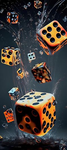 some dices are falling into the water and splashing on them with their faces