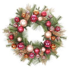 a christmas wreath with red and gold ornaments