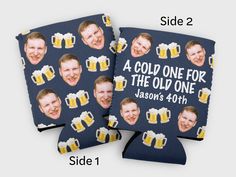 two coasters with beer mugs on them and the words, a cold one for the old one