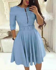 Slim Zipper Long-Sleeved Dress sold by Womens Style on Storenvy Round Neck Casual Dress, Women's Robe, Half Sleeve Dresses, Stylish Plus, Office Dresses, April 2024, Dress Zipper, Trend Fashion, Club Dresses