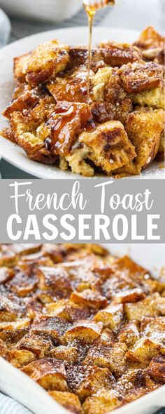 french toast casserole with syrup being drizzled over it