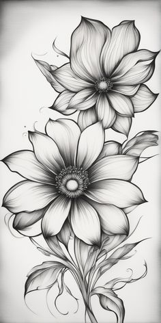 black and white drawing of three flowers