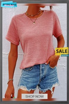 Women's T Shirt Tee White Pink Blue Plain Short Sleeve Daily Weekend Basic Round Neck Regular Xs Casual Solid Ribbed Short Sleeve Top, Pink Casual Plain Tops, Casual Pink Plain Tops, Pink Ribbed Crew Neck T-shirt, Casual Plain Pink Tops, Casual Crew Neck Knit Top In Solid Color, Casual Short Sleeve Ribbed Tops, Casual Solid Color Crew Neck Knit Top, Casual Ribbed Top