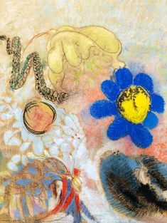 a painting with blue flowers and other items on it's surface, including a yellow flower