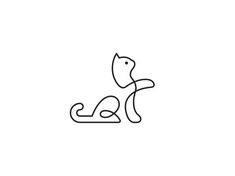 a black and white line drawing of a cat sitting on the ground with its tail curled up