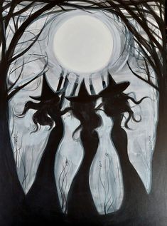 three witches in black and white with the moon behind them