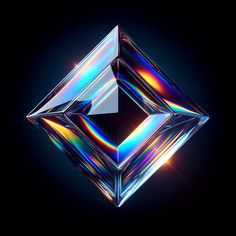 Illustration of a 3D rendering of a glass rhombus, its form capturing and magnifying light to display a kaleidoscope of striking colors. Positioned against a deep black backdrop, the rhombus's edges gleam, and the colors within it pulse with vibrant energy. Prism Graphic Design, Geometric Shapes Aesthetic, 3d Glass Design, Kaleidoscope Design, Light Logo, Color And Light, Hex Color Palette, Texture Graphic Design, Black Backdrop