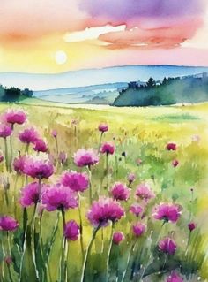 a painting of pink flowers in a field