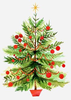 a watercolor painting of a christmas tree with red berries and green leaves on it