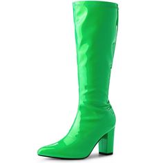 Step into the spotlight with the Perphy Women's Patent Leather Chunky Heels Knee High Go Go Boots. These boots are a modern nod to the vibrant disco era, perfect for those who love to make a style statement.

- Color: Green
- Size: 8
- Material: Vamp: Patent Leather; Outsole: Rubber; Heel: ABS
- Features: Pointed toe, zipper closure, block heel
- Heel Height: 3 1/3 inches

Crafted from glossy patent leather, these knee-high boots feature a sturdy block heel and a sleek pointed toe, complemented Trendy Patent Leather Knee-high Boots, Retro Fall Party Heels, Retro Fitted High Heel Platform Boots, Retro Knee-high Winter Boots, Retro High Heel Fitted Boots, Retro Styled Pointed Toe Fitted Heeled Boots, Retro Fitted Heeled Boots With Pointed Toe, Retro Fitted High Heel Boots, Retro Style Fitted Heeled Boots With Pointed Toe