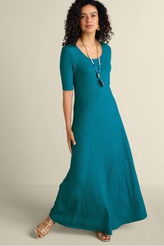 Our long-running Santiago dress, updated in a new ribbed fabric! This favorite style has above-the-elbow sleeves, a scoop neck, and a loose fit through the body. Styles Clothing, Soft Surroundings Dresses, Tunic Leggings, Jersey Knit Dress, Jumpsuit Skirt, Elbow Sleeve, Soft Surroundings, Dress With Cardigan, Ribbed Fabric