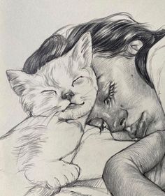 a pencil drawing of a woman sleeping next to a cat