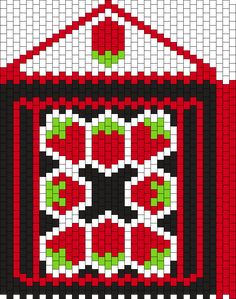 a red and black design with green leaves on the top is made out of small squares