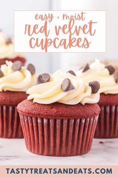 red velvet cupcakes with white frosting and chocolate chips on top are shown