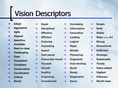 the words vision descriptors are shown on a blue sky background with clouds in the background