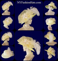 Women's Pastel Yellow Wide Brim Dress Designer Fashion Hat With A White Sequin Beaded Flower With Rhinestones.  A Perfect Hat For The Kentucky Derby, Horse Racing Events, Formals, Church, Synagogue, Temple Tea's And Special Occasion.  We Specialize In Designer Hats For Women, Kentucky Derby Hats For Women, Dress Hats For Women Ladies Fashion Hats, Designer Hats For Weddings, Church Hats, Tea Party Hats, Ladies Formal Hats, Kentucky Oaks Hats, Preakness Hats, Belmont Stakes Hats, And Special Occa Fitted Cream Cloche Hat For Wedding, Fitted Brimmed Cloche Hat For Wedding, Yellow Hat For Kentucky Derby Wedding, Yellow Hats For Kentucky Derby Wedding, Vintage Mini Hats With Flat Brim For Wedding, Vintage Mini Hat With Flat Brim For Wedding, Yellow Wedding Hat For Kentucky Derby, Yellow Kentucky Derby Wedding Hat, Fitted Cloche Hat With Flat Brim For Wedding