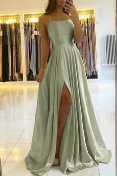 Cute A Line Sage Green Straps Silk Satin Long Prom Dress with Pockets on Storenvy Sage Green Prom Dress, Long Prom Dresses, Maxi Dress Prom, A Line Prom Dresses, Green Prom Dress, Hoco Dresses