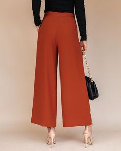 Brown Solid Color Work Pants, Chic Formal Orange Pants, Chic Orange Formal Pants, Versatile Brown Bottoms For Workwear, Brown Wide-leg Pants For Office, Brown Wide-leg Office Pants, Orange Ankle-length Work Pants, Orange Ankle-length Pants For Work, Versatile Brown Pants For Workwear