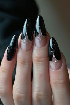 Goth Bride Nails, French Tip Pointy Nails, Glam Goth Nails, Black Tie Nails Classy, Old Hollywood Nails, Disco Nails Designs, Lilith Nails, Disco Nails, Hollywood Nails