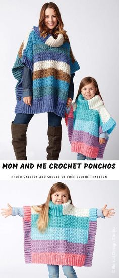 two girls wearing knitted sweaters with text that reads, mom and me crochet ponchos