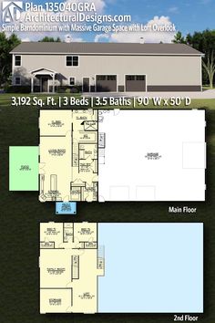 two story house plan with garage and living room in the back ground level, large open floor