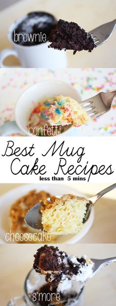 three different types of cupcakes in white bowls and spoons with the words best mug cake recipes on them