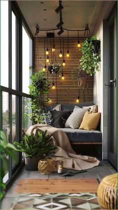 the balcony is decorated with plants and lights