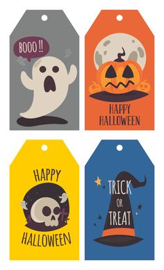 four halloween gift tags with the words happy, trick or treat written in different languages