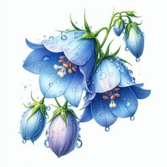 blue flowers with water drops on them are shown in this drawing by artist and photographer