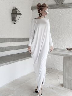 White Maxi Dress with Black See Through / Open Back Maxi Dress | Etsy White Long Maxi Dress For Evening, White Maxi-length Kaftan For Evening, Elegant Oversized Tunic Maxi Dress, Oversized Tunic Maxi Dress In Elegant Style, Oversized Elegant Maxi Dress, Elegant Oversized White Dress, Cotton Abaya, Maxi Dress Backless, Loose Black Dress